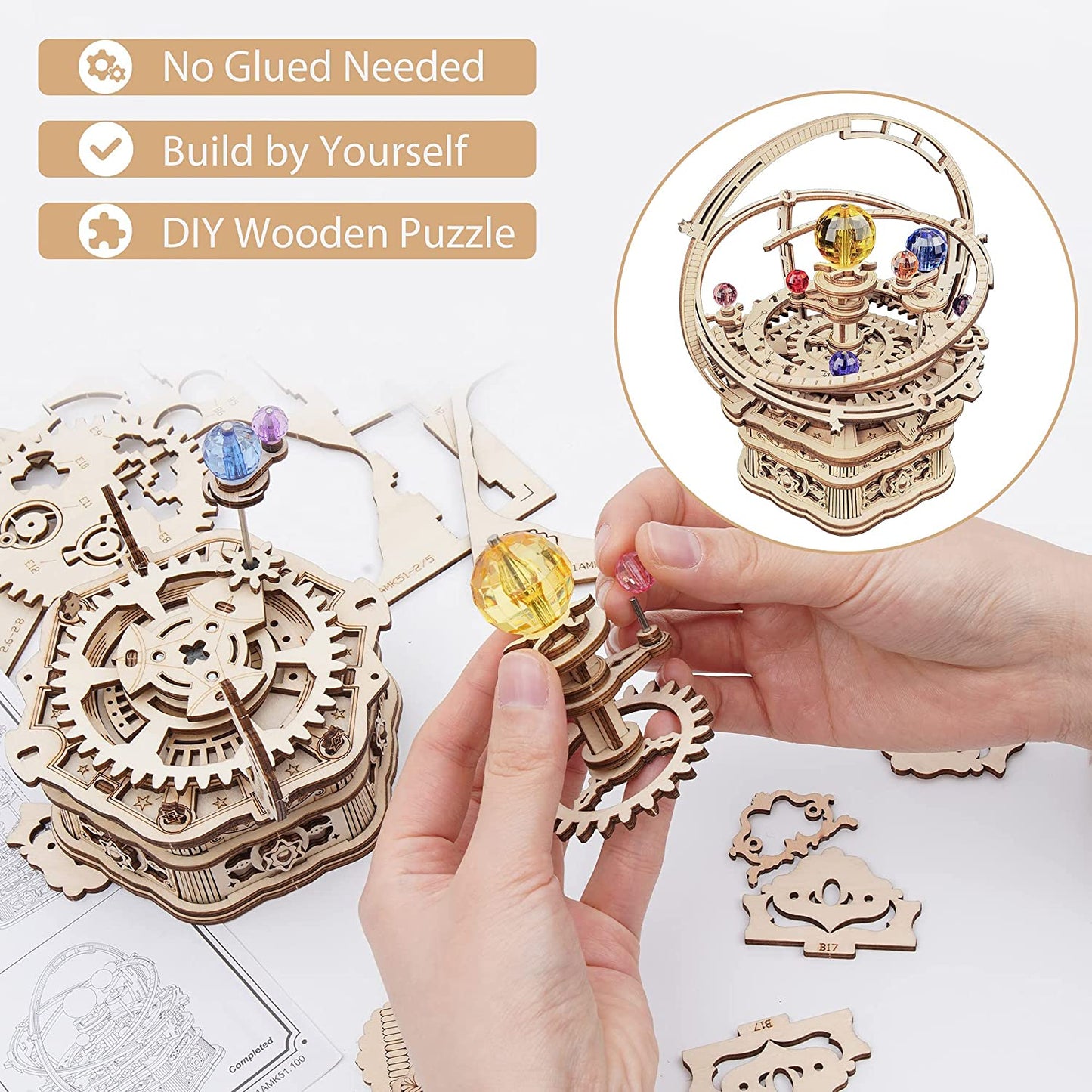 Robotime ROKR 3D DIY Wooden Puzzle Rotating Starry Night Mechanical Music Box
