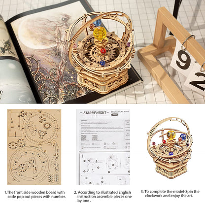 Robotime ROKR 3D DIY Wooden Puzzle Rotating Starry Night Mechanical Music Box