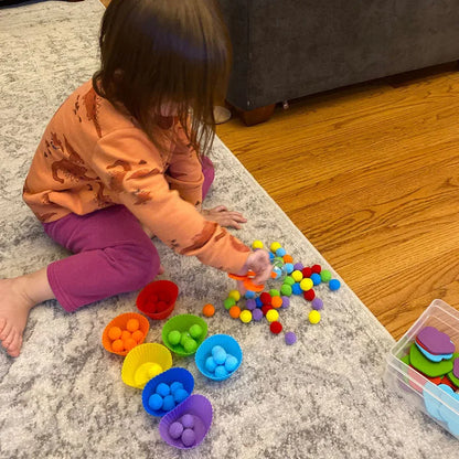 Rainbow Counting Pompoms for Montessori Learning Toddlers